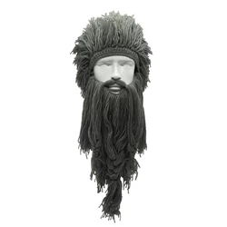 Зимова шапка вікінга RESTEQ з дредами і довгою бородою сіра