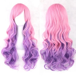 Довгий перуку RESTEQ - 70см, рожево-фіолетовий, хвилясте волосся з косою чубчиком, косплей, аніме