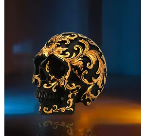 Декоративний чорний череп RESTEQ. Череп з золотими візерунками, статуя прикраса для будинку, бару, на Хелловін