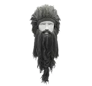 Зимова шапка вікінга RESTEQ з дредами і довгою бородою сіра