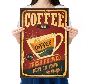 Ретро плакат Coffee Shop RESTEQ з щільною крафтового паперу 50.5x35cm. Постер Кофі Шоп
