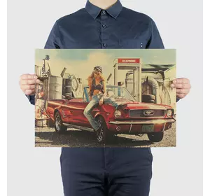 Ретро плакат Mustang RESTEQ з щільною крафтового паперу 51x36cm. Постер червоний Мустанг