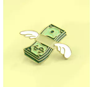 Значок пачка банкнот з крилами RESTEQ. Пін долари з крильцями. Металевий значок долар
