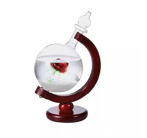 Барометр Штормгласс RESTEQ глобус великий, крапля Storm glass на дерев'яній підставці з червоною трояндою