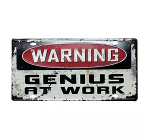 Вінтажна металева табличка Warning Genius at Work RESTEQ 30х15см. Декоративна металева вивіска для декору та інтер'єру