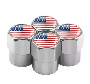 Металеві ковпачки на ніпель RESTEQ із Американським прапором, срібні 4шт. Ковпачки для шин із прапором Америки. Ковпачки на колеса